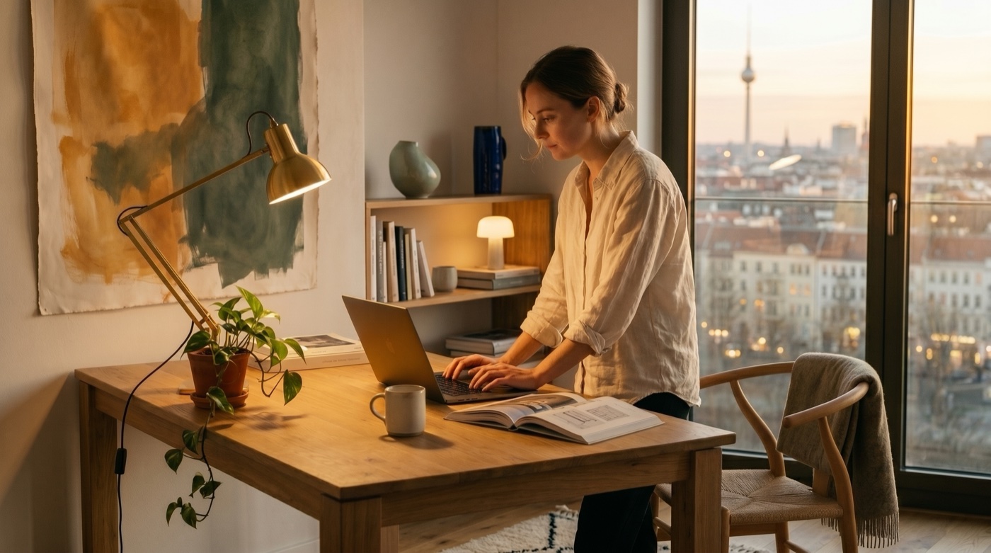 Person working at a beautifully designed home office desk, city view at golden hour — aspiration in context